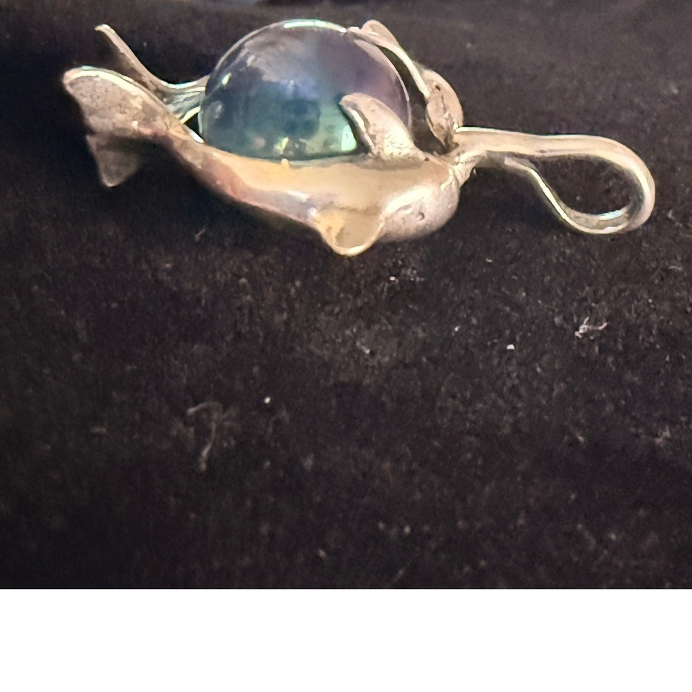 Vintage 90s Sterling Silver Dolphin Pendant Iridescent Cabochon Ocean Jewelry - Picture 3 of 6